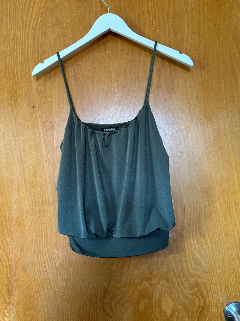 Express satin-look blouson camisole in a deep dark olive green, size XS